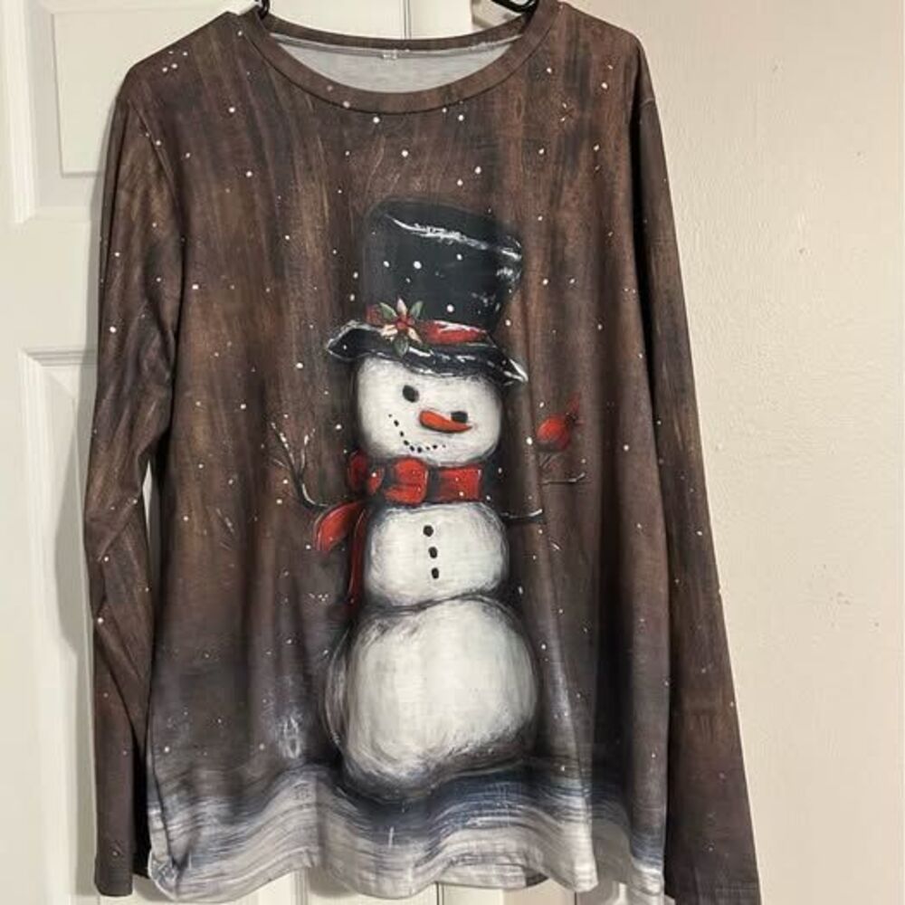 Women’s Snowman Christmas Long Sleeve Graphic Top Brown Holiday Winter Shirt